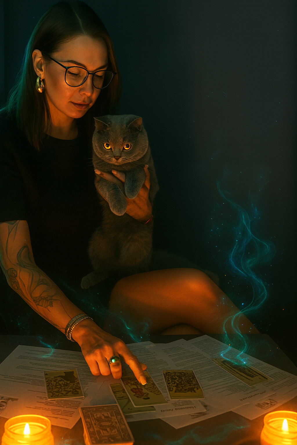 Фотография основателя компании, на столе карточки кандидатов, карты таро и кот на руках.
